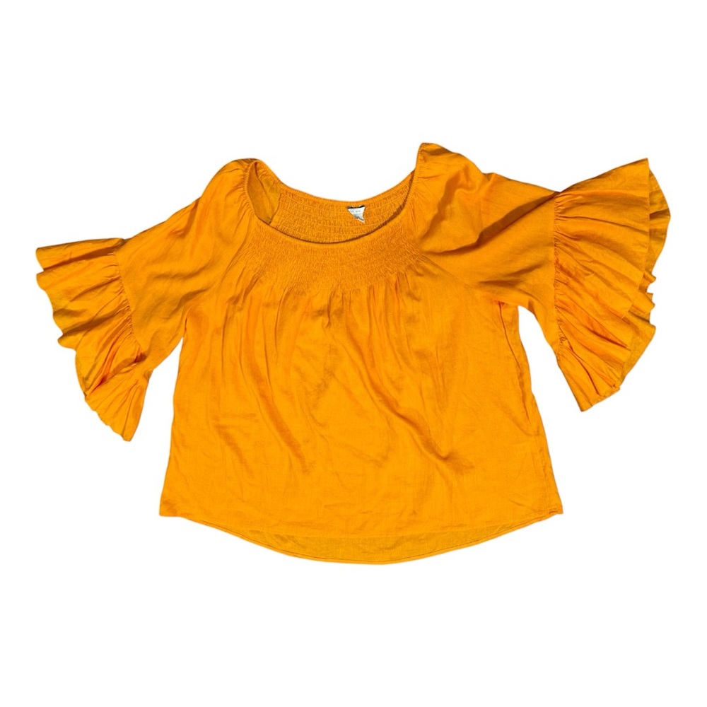 Orange Linen Rayon Smocked Peasant Blouse - XL - Bell Ruffle Sleeves Boho - Picture 2 of 8